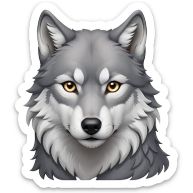 cinematic-noble-realistic-wolf-portrait-emoji,-poised-and-regal,-with-a-strong,-lean-build-and-a-sleek,-well-groomed-fur-of-grey-and-white,-deep-set-soulful-piercing-eyes,-simplified-yet-sharp-and-sophisticated-features,-highly-detailed, zoomed out showing shoulders sticker