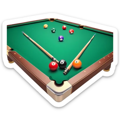 Two crossed pool cues resting on a billiard table, with colorful billiard balls scattered across the surface. The background features the felt of the table, creating an inviting atmosphere for a game of precision and strategy sticker