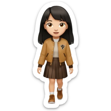 black color long hair with fringe, light skin long hair girl with brown varsity jacket and long skirt walking

 sticker