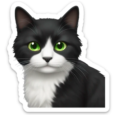 Fluffy black cat with white chest and green eye sticker