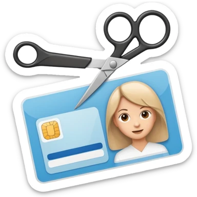 Scissors cutting ID card in 2 parts. Realistic sticker