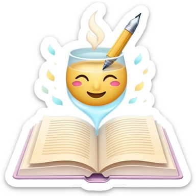 Create a whimsical and poetic emoji symbolizing poetry. The design should have several elegant pages floating smoothly in the air with short poetic columns written on them. Add a white pen resting gracefully on the pages and an inkwell. The overall color palette should include soft pastel tones, which will add airiness and dreaminess to the design. Make the background transparent sticker