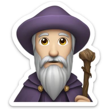 pale black bearded wizard with brown eyes and a staff sticker
