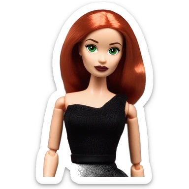  Wednesday Addams Barbie.  Small green eyes with light skin face. Earrings with matching necklaces Longer red hair. black flowing strapless tight evening gown neckline that’s off-the-shoulders shows her legs and black high heel shoes. sticker