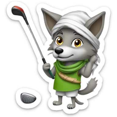 Wolf swinging a golf club wearing an Arab head scarf sticker