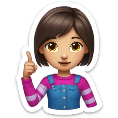 little girl with dark brown short hair wears striped blue and magenta shirt giving a thumbs down sticker