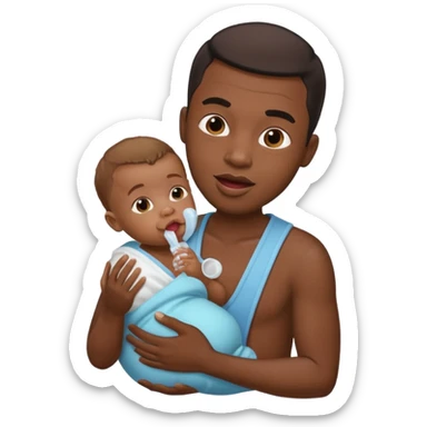 Black male licking his lips. He is holding a baby in one hand and baby oil in the other sticker