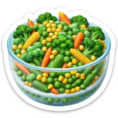 A close-up of a bowl filled with frozen mixed vegetables — peas, carrots, corn, and broccoli — covered with a light layer of frost. The colors are bright but slightly muted from freezing. Natural lighting, high-detail macro food photo. sticker