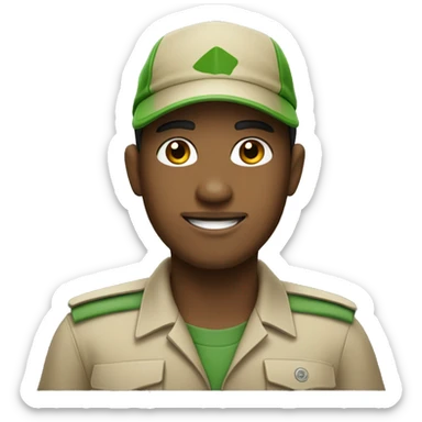 zookeeper, wearing a beige shirt and a green cap sticker