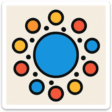 Redesign the image as a symbolic logo featuring 9 dots arranged evenly around a circle, representing founders in a study circle. Use a modern, abstract, and engaging style. No text. sticker