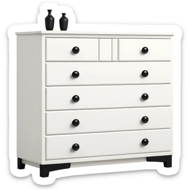 Modern IKEA-inspired white dresser with 6 drawers, small black knobs, clean lines, and depth sticker