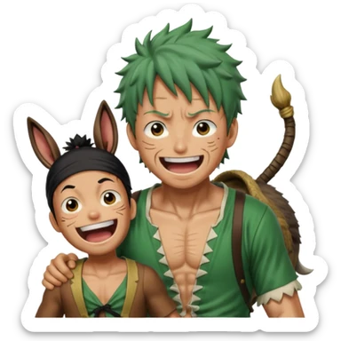 Luffy is riding on Zoro's back, and Zoro looks hilariously like the donkey. Zoro looks angry, and Luffy is laughing. The whole scene is very funny. sticker