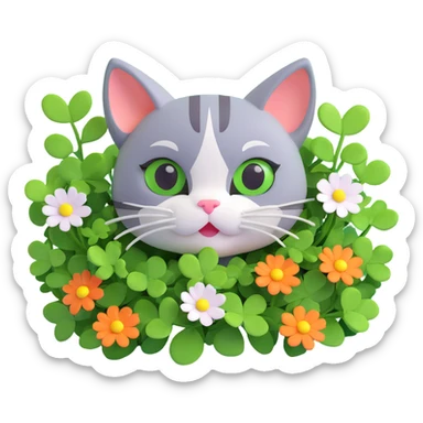 a cat peeking through green clover leaves with flowers sticker