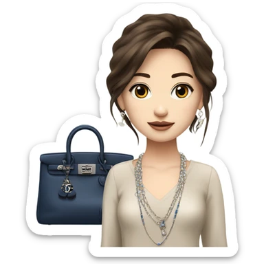 Realistic brown hair blue eyes Chanel Asian Girl with Birkin bag and Chanel necklace sticker