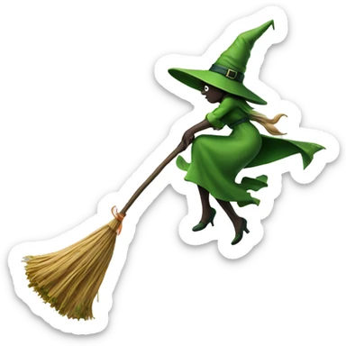 green witch facing right flying on a broom throwing candy. sticker