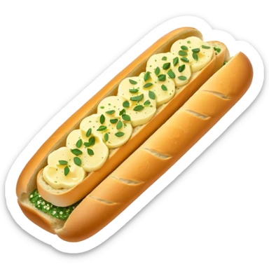 Garlic bread baguette with the first slice visible with butter and herbs sprinkled on it sticker