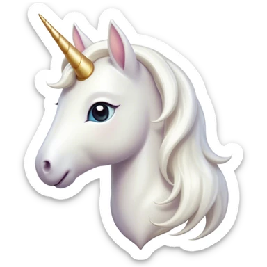 Cinematic Cute White Unicorn Portrait Emoji, Head tilted playfully and inquisitively, featuring a charming, petite form with a silky white color, a delicately flowing mane and tail, and a tiny, sparkling horn, with large, dreamy eyes full of wonder, Simplified yet irresistibly adorable features, highly detailed, glowing with a warm, enchanting glow, high shine, affectionate and lively, stylized with a touch of fairy-tale whimsy, soft glowing outline, capturing the essence of a mischievous yet endearing white unicorn that seems as if it could gallop out of the screen into your heart! sticker