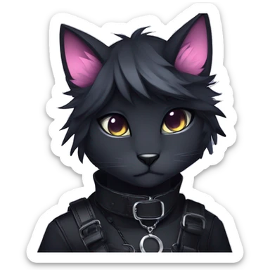 Gorgeous furry gothic dark techwear anime style anthro black cat furry sona Fakemon with blushing face aesthetic and pretty edgy black with collar and harness trending style sticker