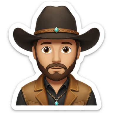 yellowstone ranch cowboy with brown beard, black cowboy hat with no rope and no jewel, black shirt, and leather tan jacket sticker