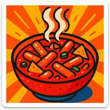 tteokbokki, spicy Korean rice cakes, vibrant, appetizing, in a bowl, steam rising, cartoon style sticker