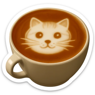 Add a cat face latte art design on top of the latte, keeping realistic texture and gentle lighting, with no background. Maintain the realistic style and texture of the original image. sticker