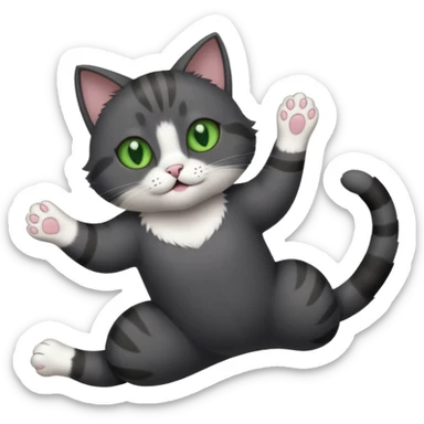 solid dark grey cat with green eyes, white toes/paws and white patch on her chest playfully rolling upside down sticker