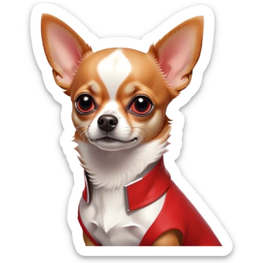 Cinematic Noble Red/White Short Haired Chihuahua Portrait Emoji, Poised and regal, with a compact, muscular build and a striking red and white coat, deep-set soulful dark eyes, Simplified yet sharp and sophisticated features, highly detailed, glowing with a soft, dignified glow, high shine, intelligent and loyal, stylized with an air of strength, focused and attentive, soft glowing outline, capturing the essence of a watchful and confident guardian, so majestic it feels as though it could step out of the screen with effortless authority! sticker