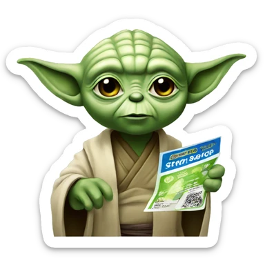 Yoda holding a coupon sticker