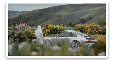 A portrait of a white person next to porsche 911 in the foreground, blurred plants in the foreground, a wooden fence and colorfull flowers in the midground, rolling hills in the background, cinematic depth of field, layered composition, natural lighting sticker
