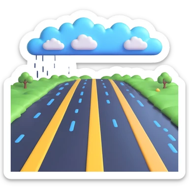 a rainy road with shiny wet pavement and cartoon clouds in 3D emoji style sticker