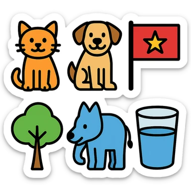 cat, dog, wolf, Vietnam flag, tree, elephant, and a glass all together in lineal color icon with black outlines style sticker
