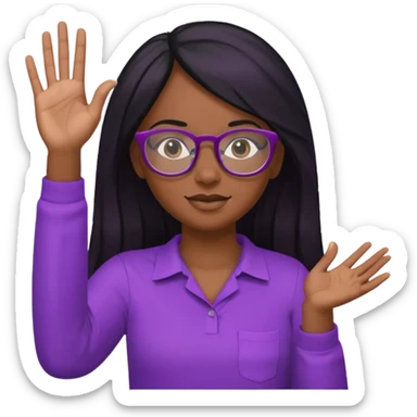 black girl raising her hand, wearing glasses and a purple shirt with long black hair sticker