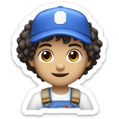 Black messy hair, white overalls, blue long sleeve shirt, Blue eyes, Brown shoes, white gloves, S in the blue cap logo, Smg4, Tan sticker