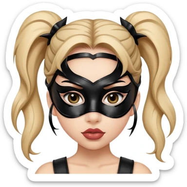latex girl with big lips with two ponytails in a latex black mask, eyes with arrows and eyelashes sticker