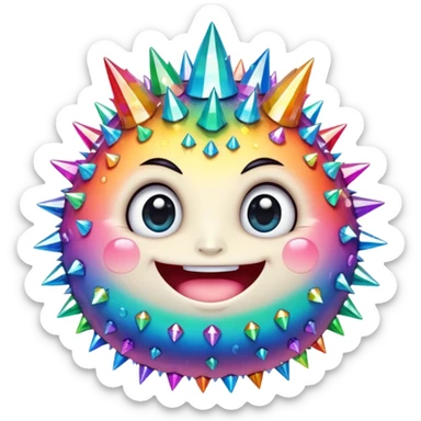 A single spiky crystal rock character, chubby and compact, covered in short chunky crystal spikes and faceted planes, iridescent rainbow colors, cute round face on the front with big glossy eyes and a wide happy smile, sticker