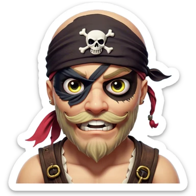 Clash of Clans aesthetic Comical Pirate Portrait Emoji, Head tilted dramatically with an exaggerated, fun expression and wide, comically expressive eyes behind a quirky eye patch, featuring a rugged yet cartoonish build with a playful bandana and natural skin tone, Simplified yet hilariously expressive features, highly detailed, glowing with a slightly sassy oceanic glow, high shine, dramatic yet playful, stylized with an air of cheeky maritime mischief, soft glowing outline, capturing the essence of a meme-worthy pirate who brings humor to epic quests! sticker