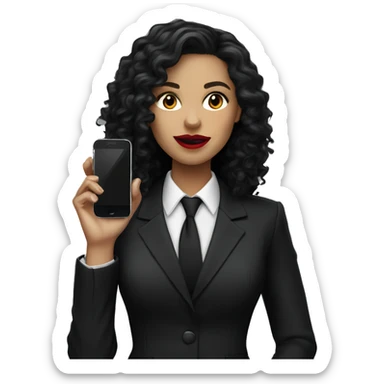 corporate white woman, red lipstick, long black curly hair, with a phone, black shirt, black blazer  sticker
