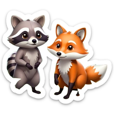 Collage of a raccoon and a fox, in close-up, set in a beautiful forest with tall trees, green bushes, and sunlight filtering through the leaves. Both animals look curious and playful. A vibrant, wild atmosphere with a transparent background. sticker