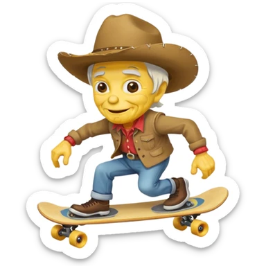 senior cowboy with wrinkled face, cowboy hat, riding a skateboard, yellow face, cheerful, android emoji style sticker