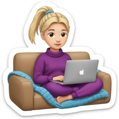 Cozy girl with ponytail on a cozy sofa with laptop on knees and a warm blanket, relaxed online shopping from home sticker