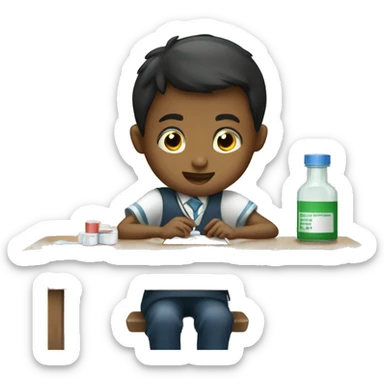 Boy school desk taking medicine sticker