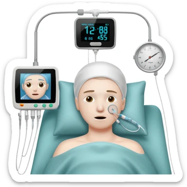 a PATIENT waking up before a surgery, with monitors and nasal canula sticker