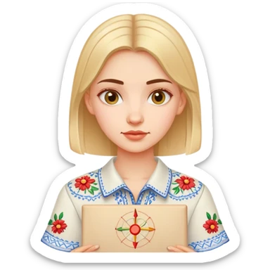 A Ukrainian girl in an embroidered shirt holds a diagram sticker