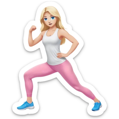 A cinematically realistic blonde with long hair and blue eyes, dressed in a white top and pink leggings, does a sports exercise called lunges sticker