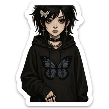 emo girl with heart-shaped face, oversized hoodie, butterfly motif, gothic accessories sticker