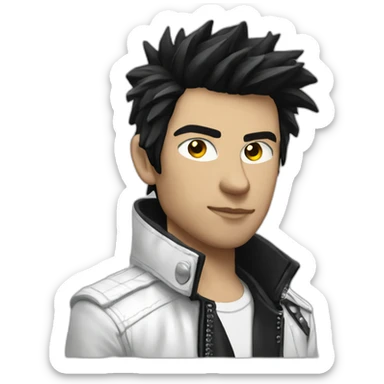 Punk male,dark hair, with white leather jacket with dark hair sticker