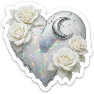 Edit the gothic heart to have cracked deep white glass, silver crescent moon, white roses, shimmering holographic stardust, neon lightning accents, and a glossy wet appearance. Keep the background transparent. Maintain the gothic heart style and transparent background. sticker