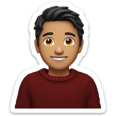 light skin smiling indian kid with black hair wearing a dark red sweater pointing sticker