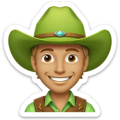 Cowboy face with a large lime green hat and a grin sticker