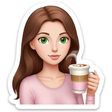 pretty woman with very long brown hair and green eyes and light pink outfit drinking a latte sticker